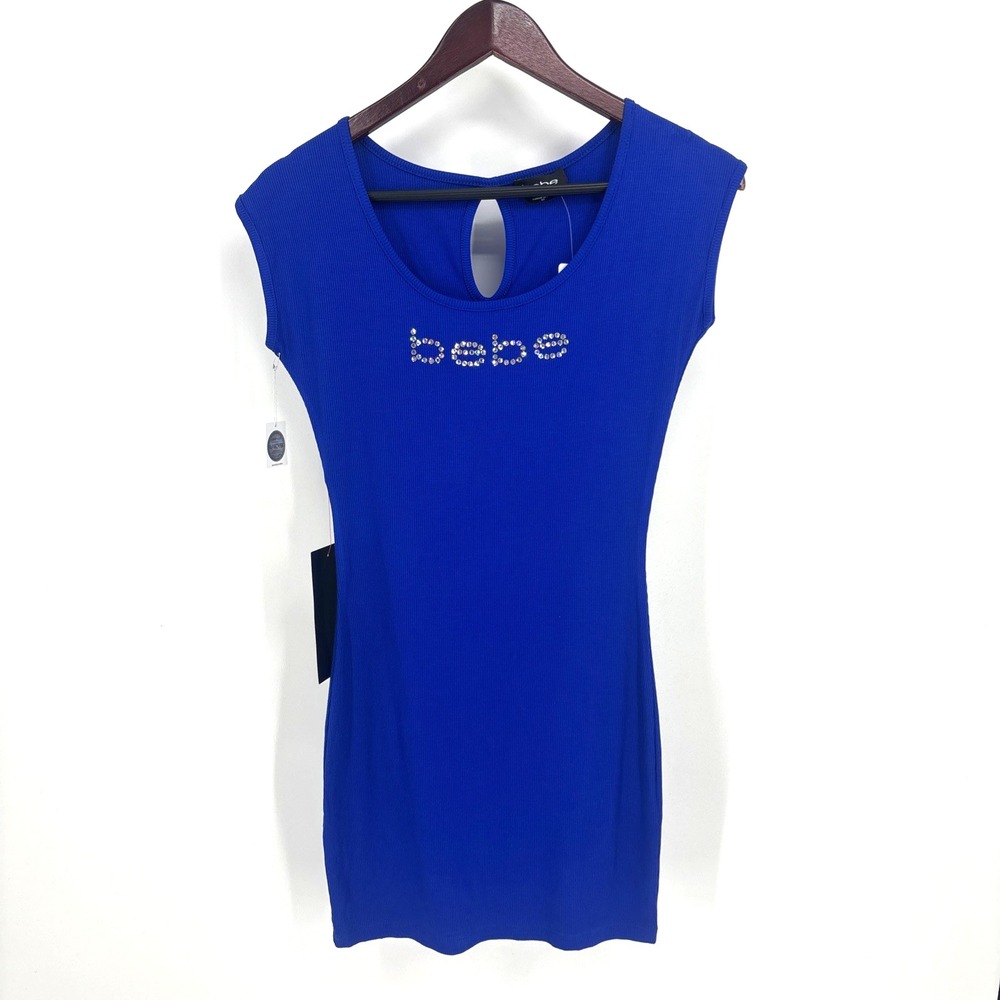 NWT Bebe Swarovski Crystal Logo Ribbed Bodycon Mini Dress Blue Size Small RARE!